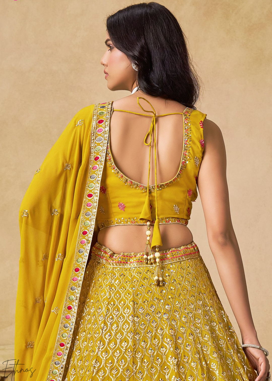 Yellow Sequins Embroidered Georgette Lehenga