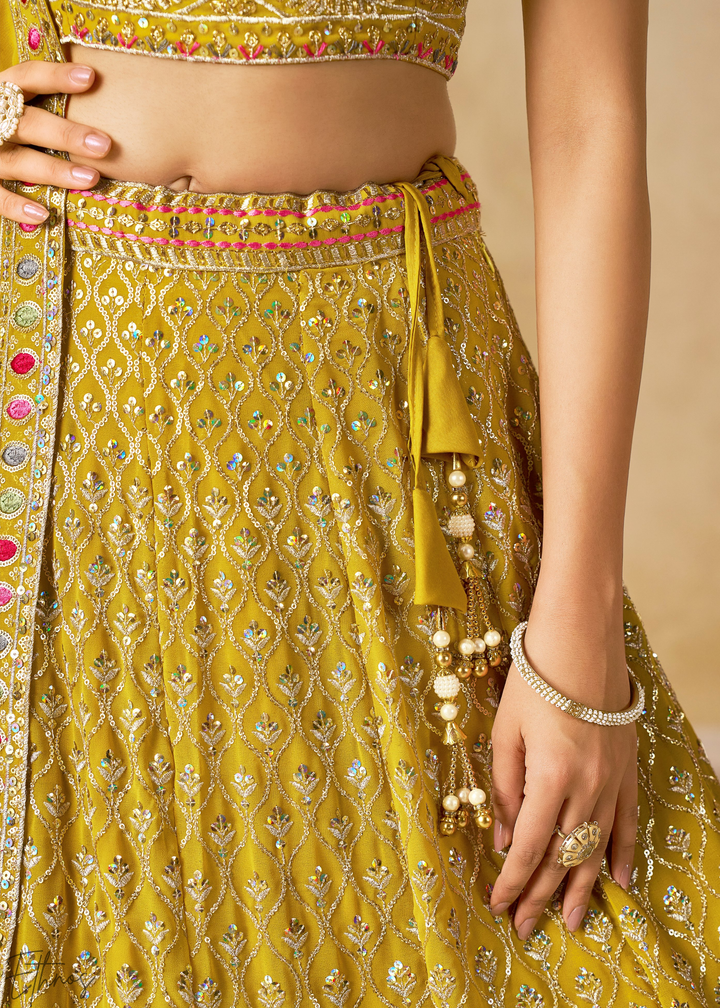Yellow Sequins Embroidered Georgette Lehenga