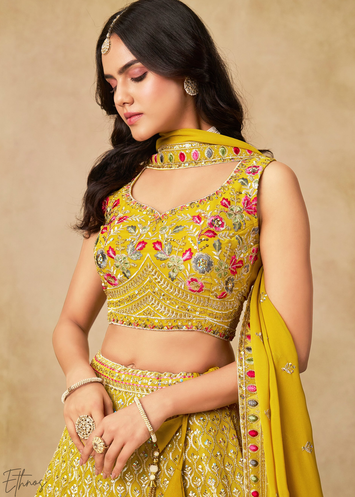 Yellow Sequins Embroidered Georgette Lehenga