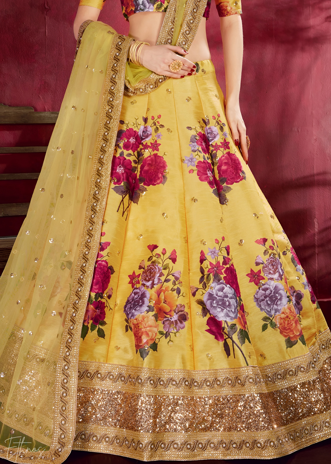 Saffron Yellow Zari Rose Silk Lehenga