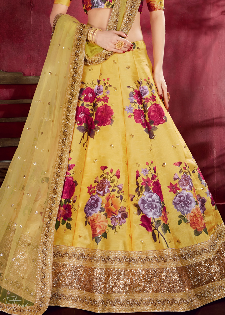 Saffron Yellow Zari Rose Silk Lehenga