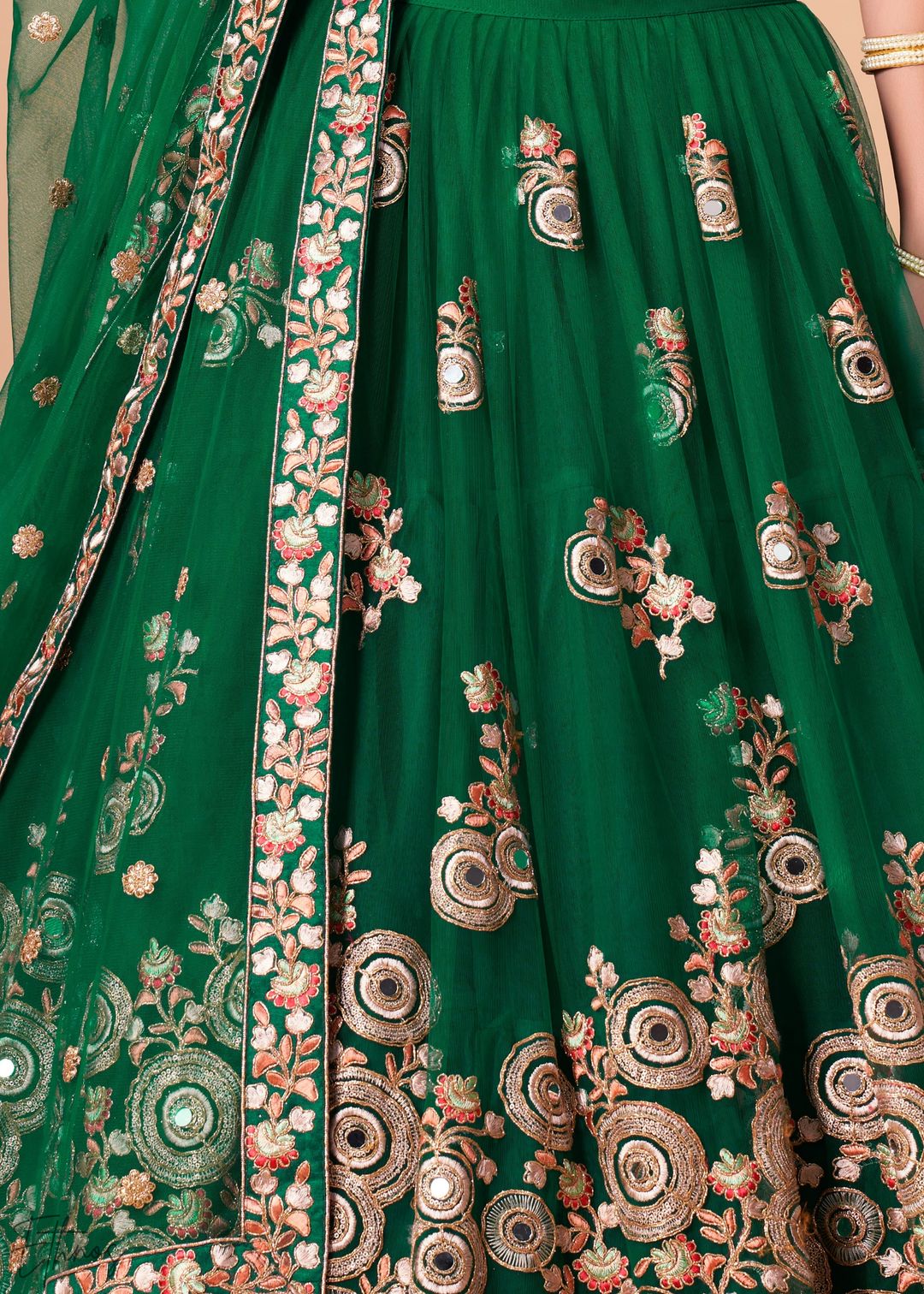 Jewel Green Opulent Floral Mirror Net Lehenga