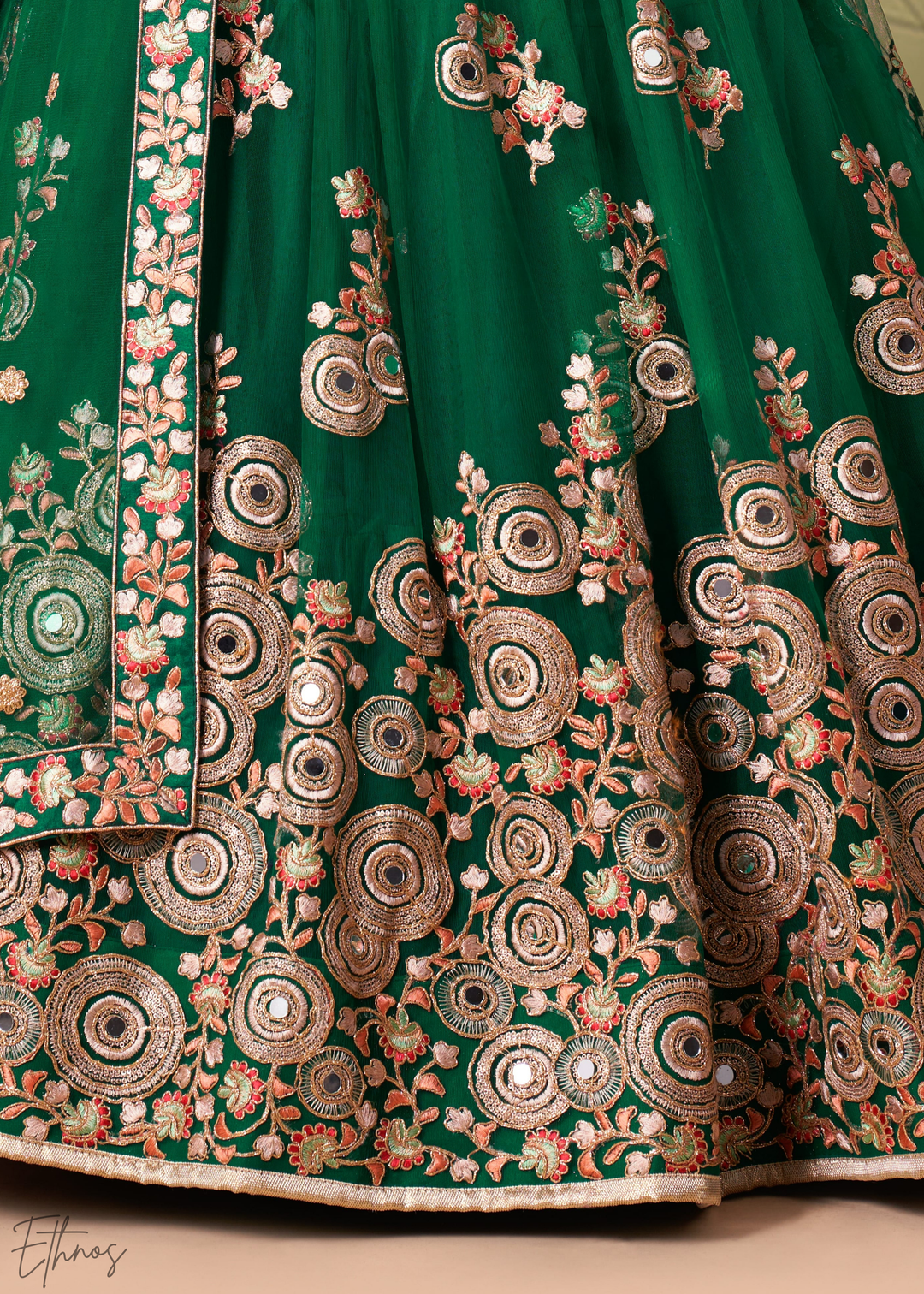 Jewel Green Opulent Floral Mirror Net Lehenga