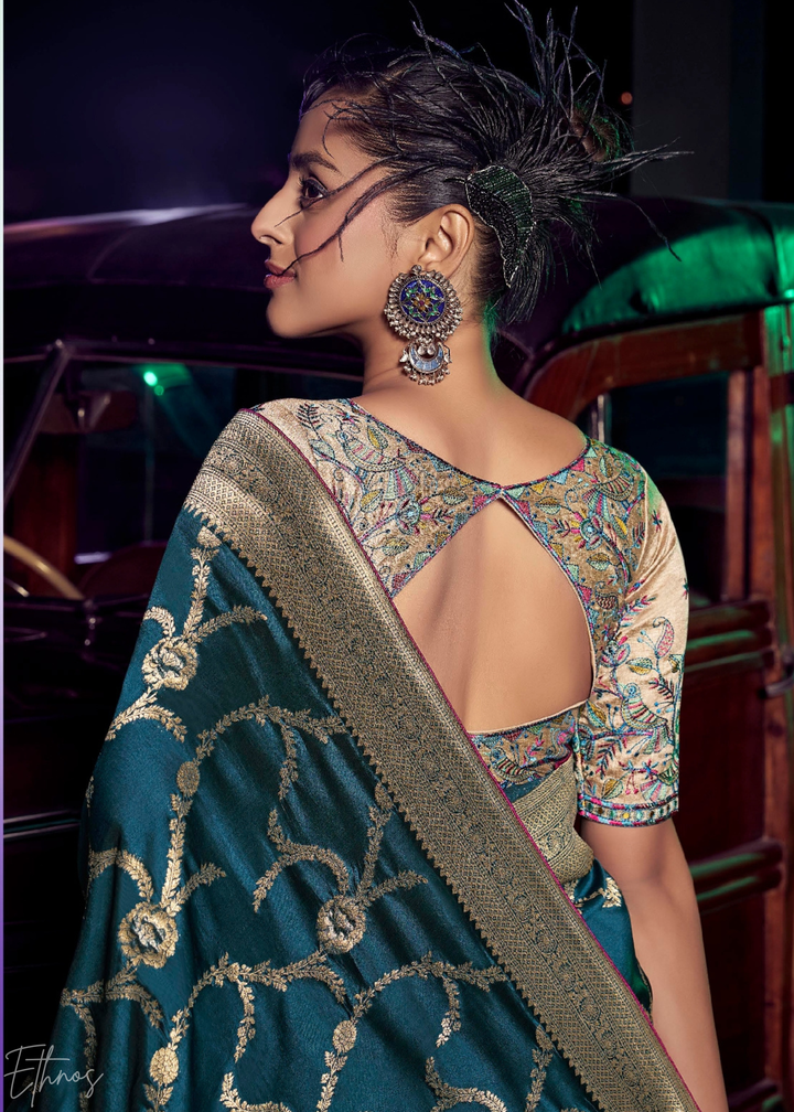 Teal Blue Jacquard Wave Silk Saree
