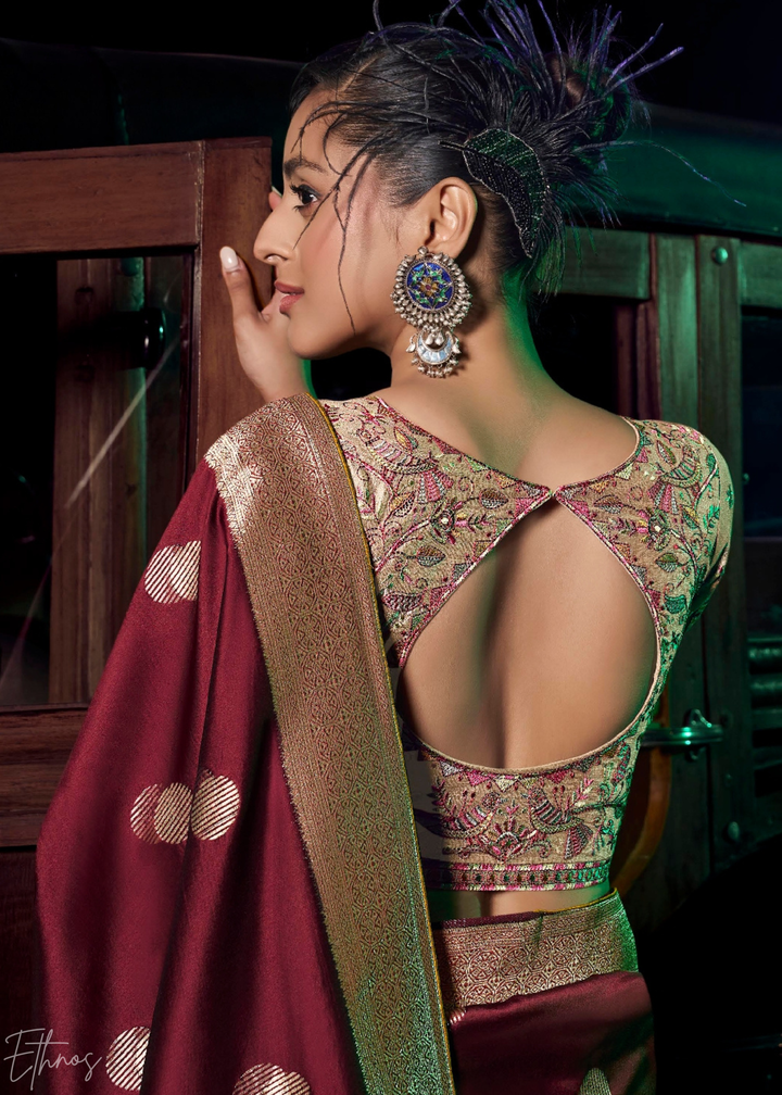 Deep Maroon Floral Wave Silk Saree