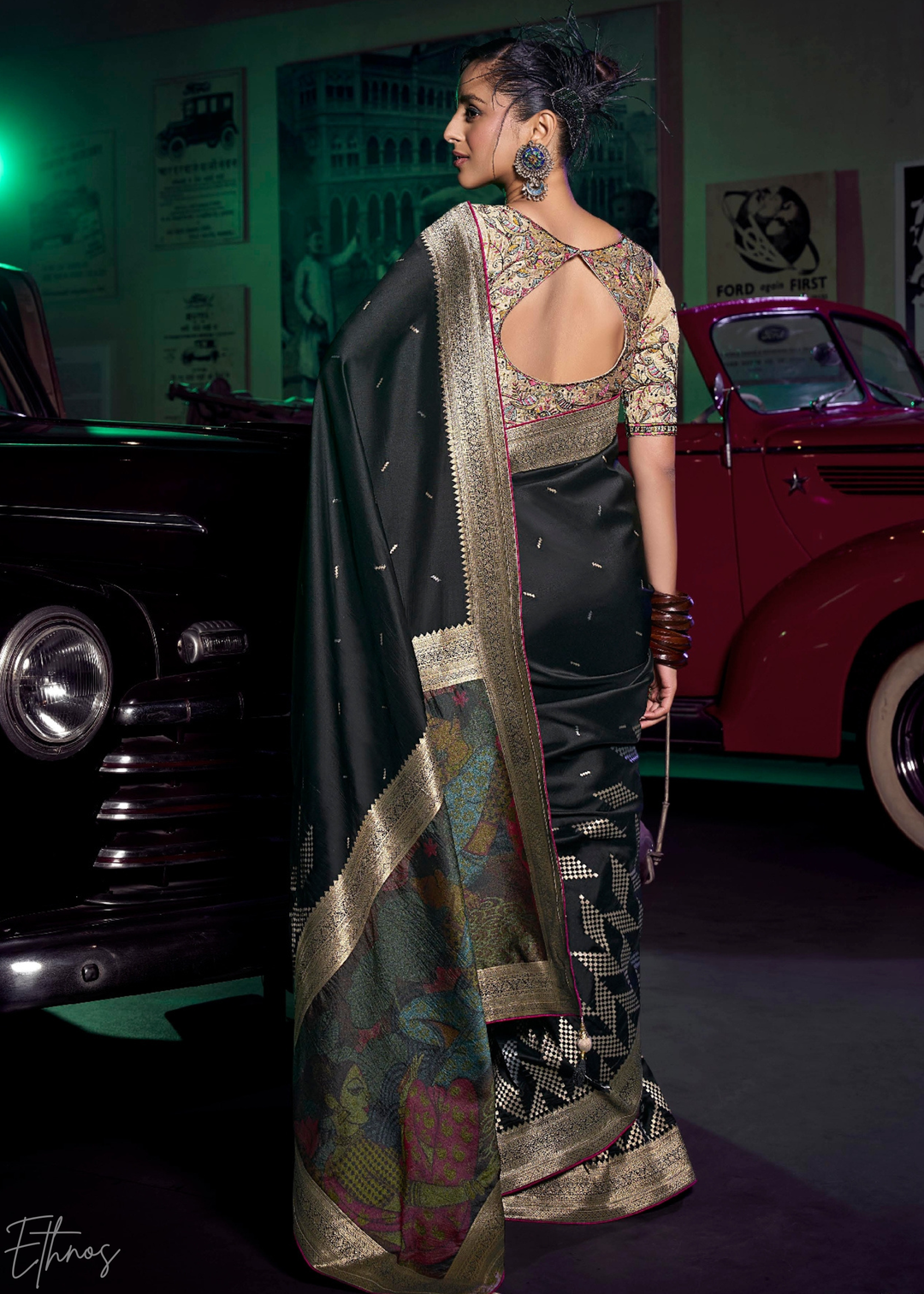 Obsidian Black Chevron Wave Silk Saree