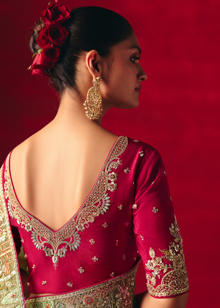Olive Green Floral Sequin Embroidered Organza Tissue Saree
