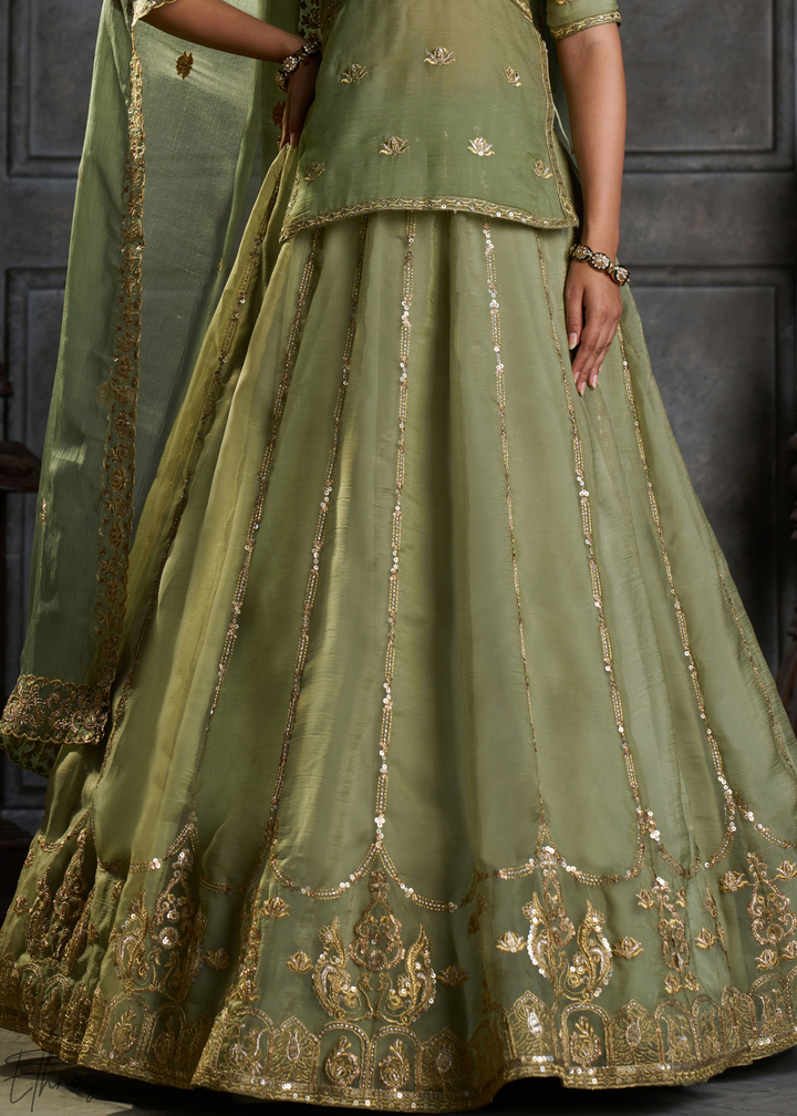 Olive Gilded Medallion Organza Lehenga Choli