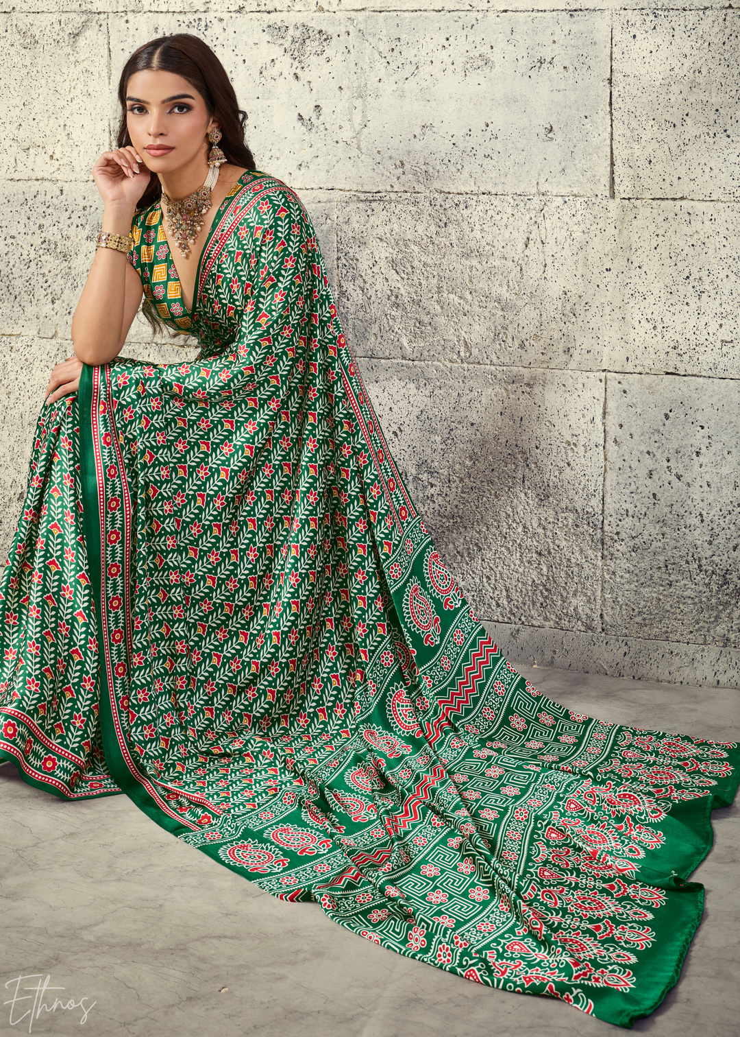 Emerald Green Ajrakh Printed Modal Satin Saree