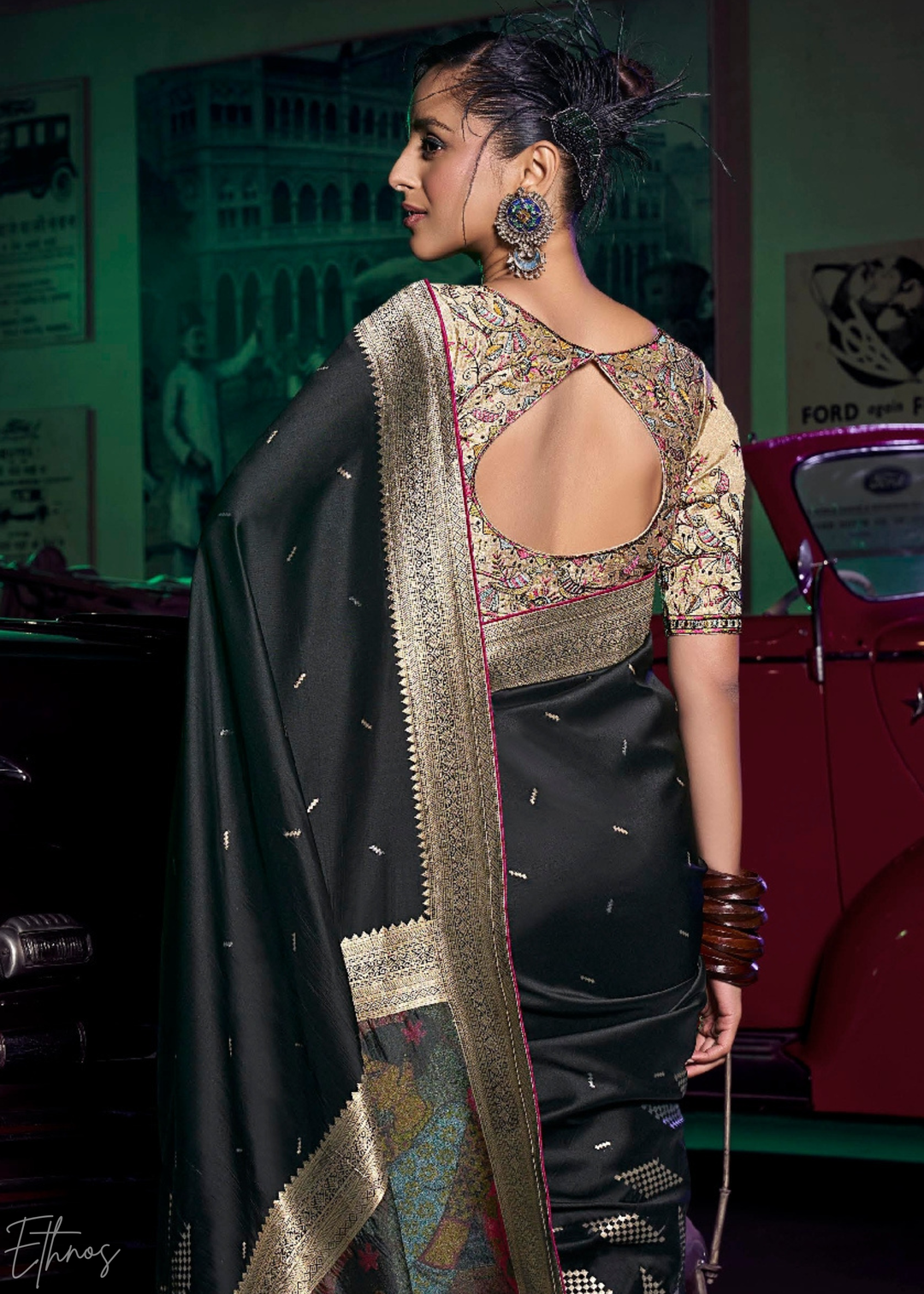 Obsidian Black Chevron Wave Silk Saree