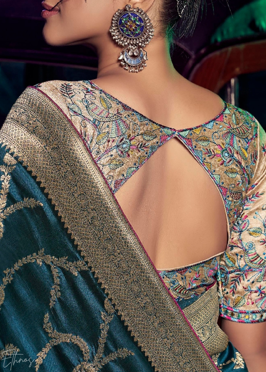 Teal Blue Jacquard Wave Silk Saree