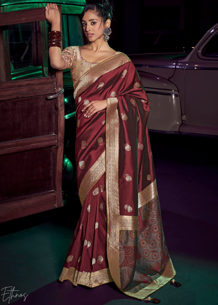 Deep Maroon Floral Wave Silk Saree