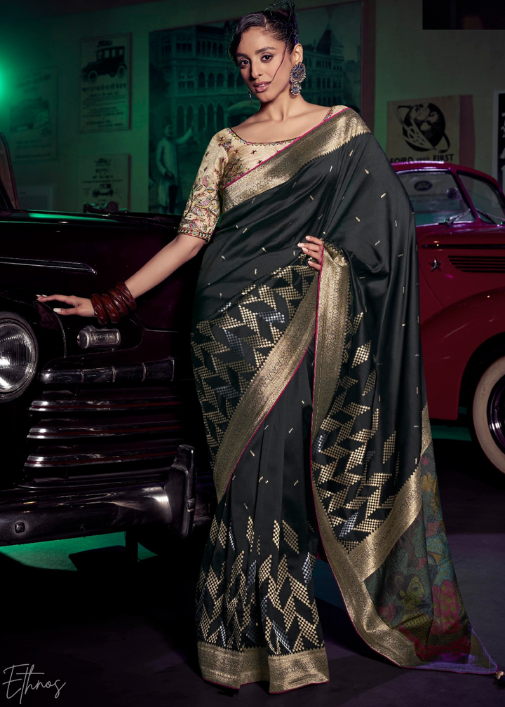 Obsidian Black Chevron Wave Silk Saree