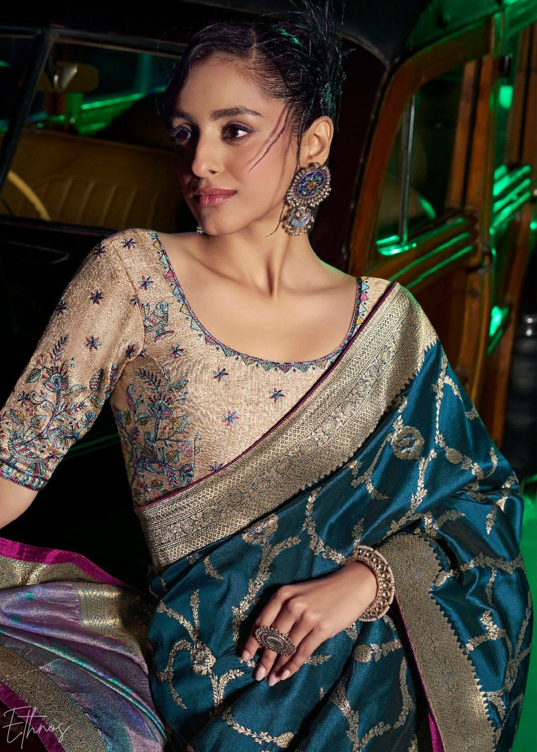 Teal Blue Jacquard Wave Silk Saree