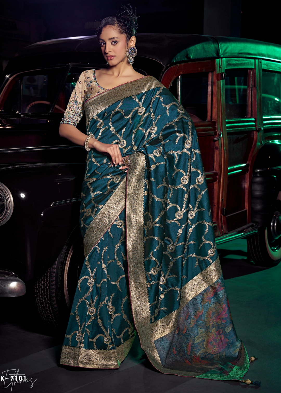 Teal Blue Jacquard Wave Silk Saree