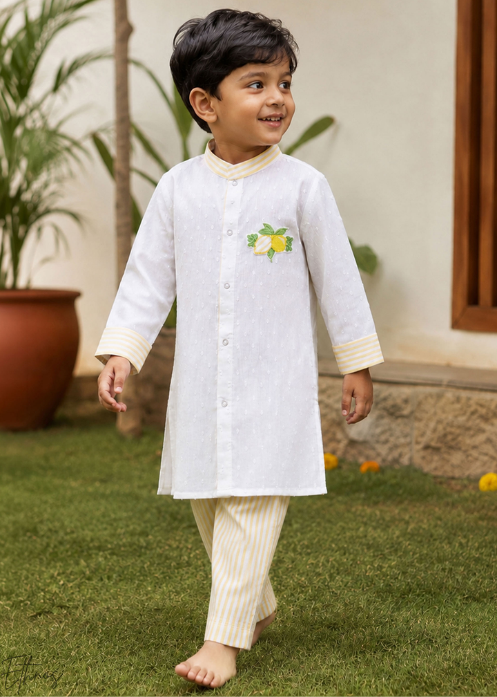 White Lemon Embroidered Organic Cotton Striped Kurta Pajama Set