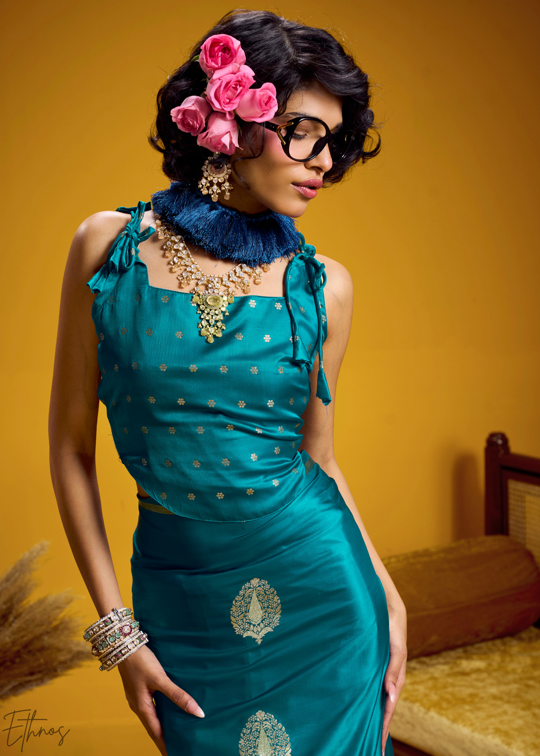 Peacock Teal Gold-Infused Jacquard Satin Silk Saree