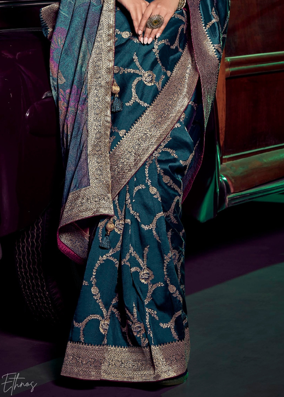 Teal Blue Jacquard Wave Silk Saree