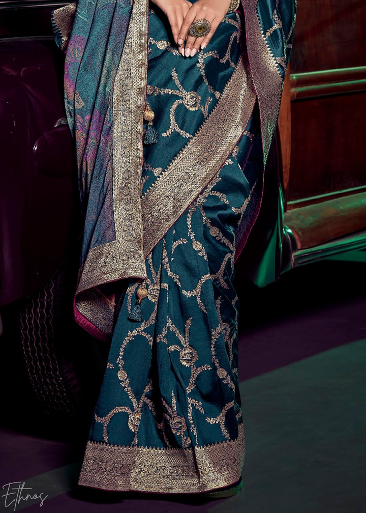 Teal Blue Jacquard Wave Silk Saree