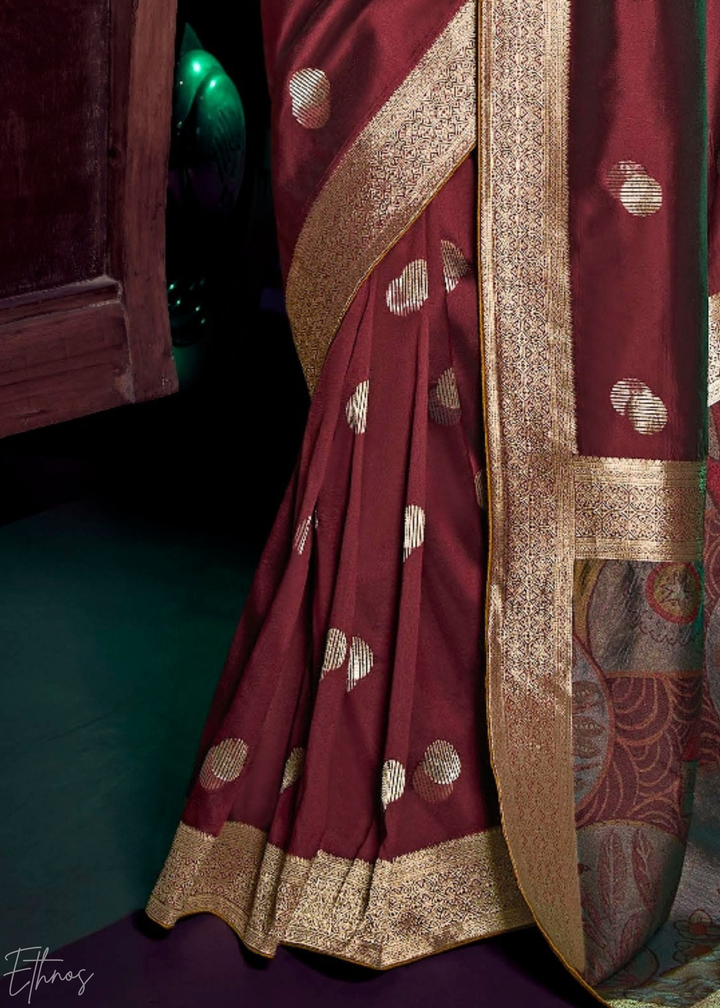 Deep Maroon Floral Wave Silk Saree