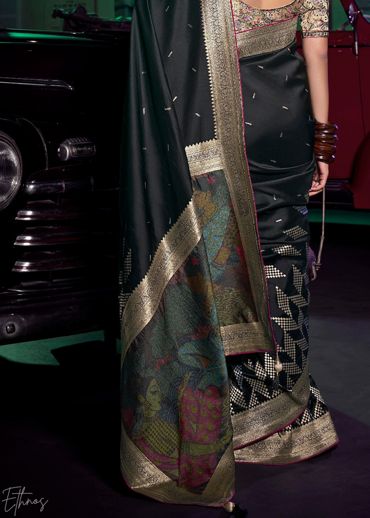 Obsidian Black Chevron Wave Silk Saree
