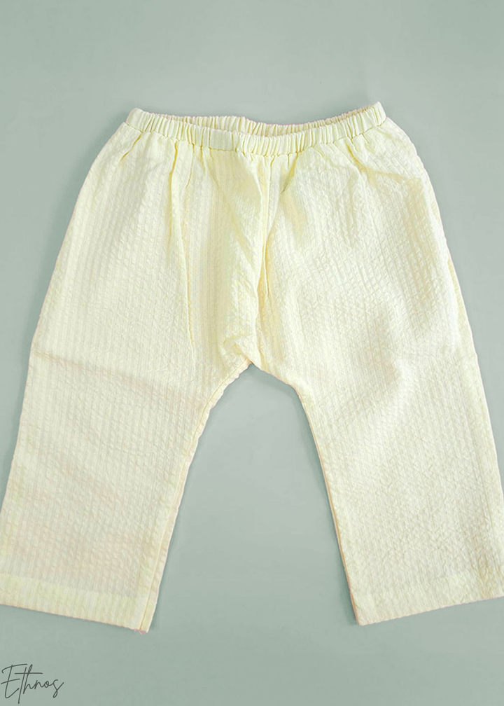 Yellow Floral Embroidered Organic Cotton Striped Kurta Pajama Set