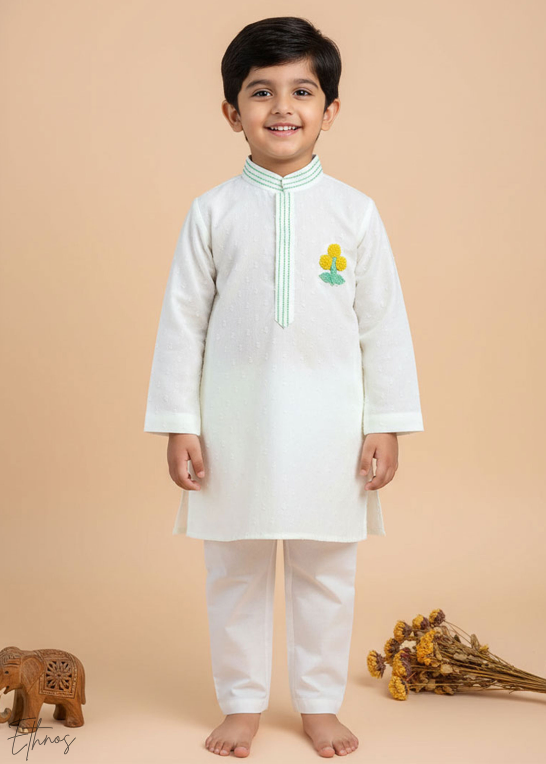 Organic Cotton Textured White Kurta Set - Marigold