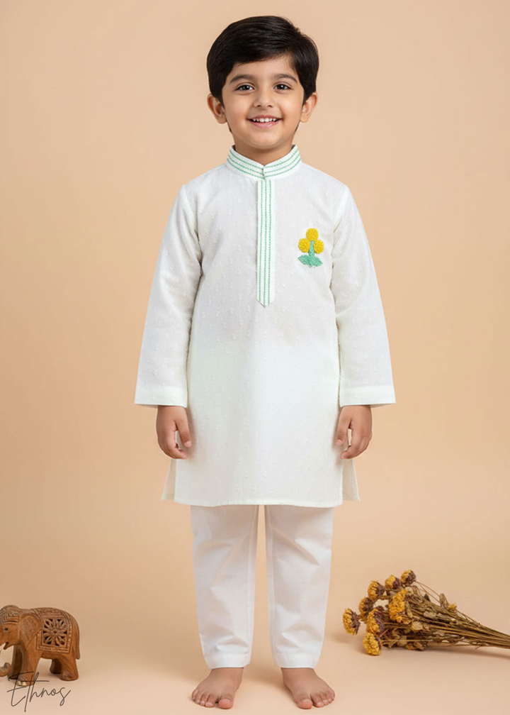 Organic Cotton Textured White Kurta Set - Marigold
