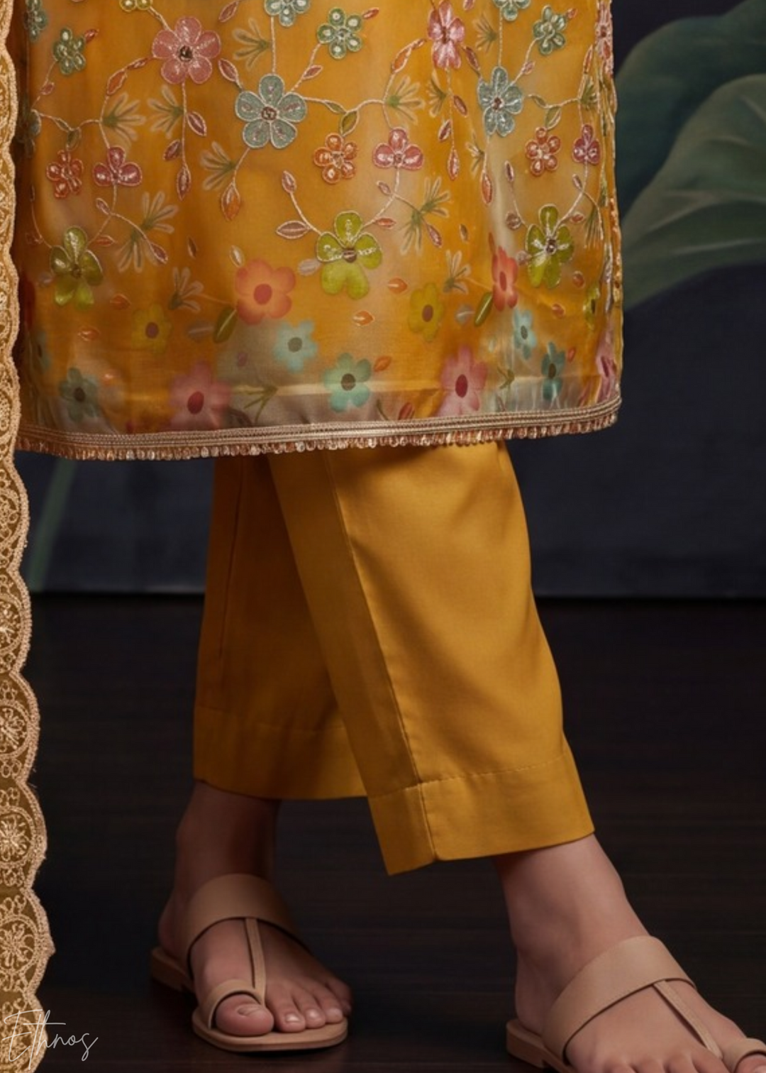 Mustard Yellow Blossom Filigree Organza Pant Suit