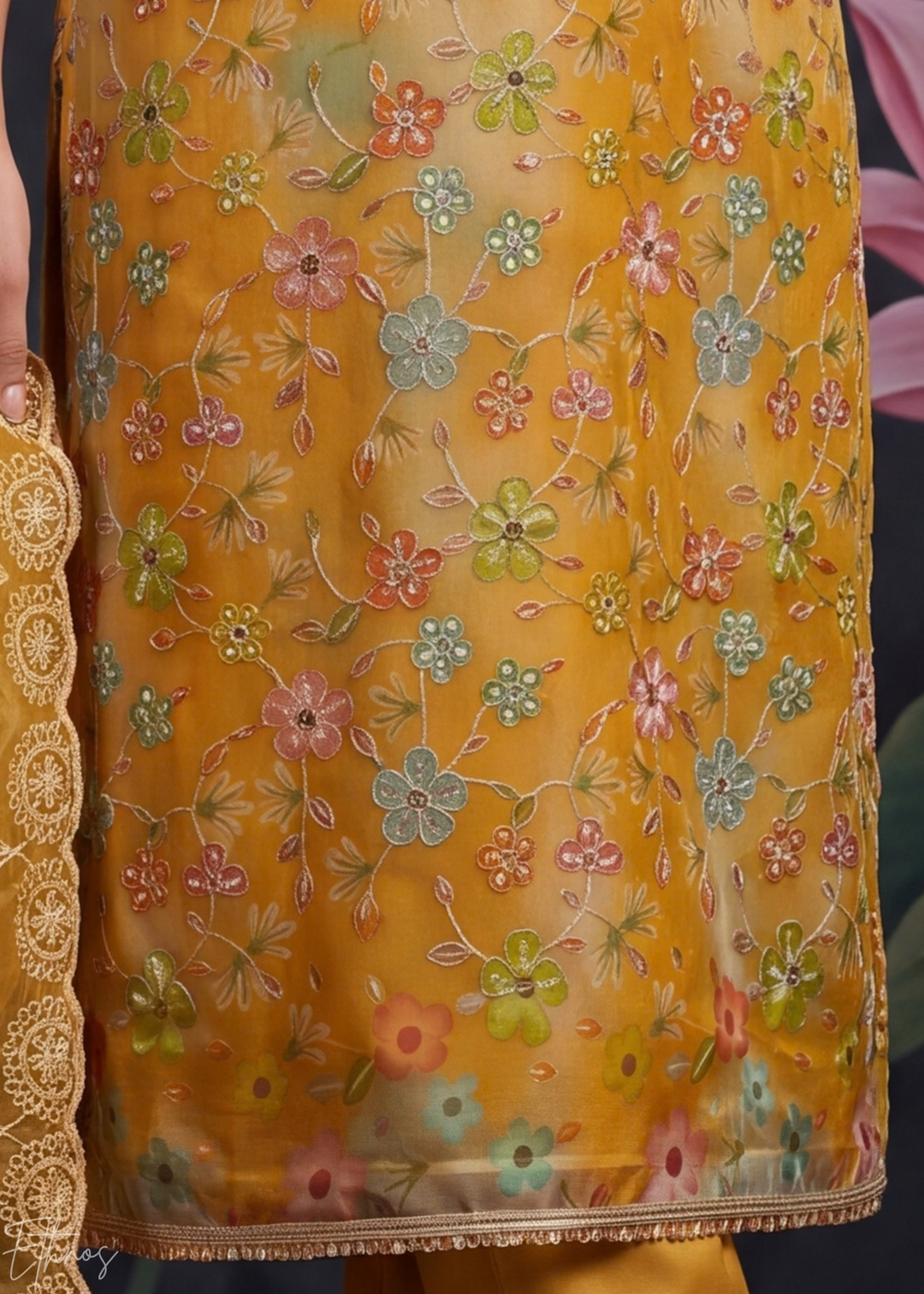 Mustard Yellow Blossom Filigree Organza Pant Suit