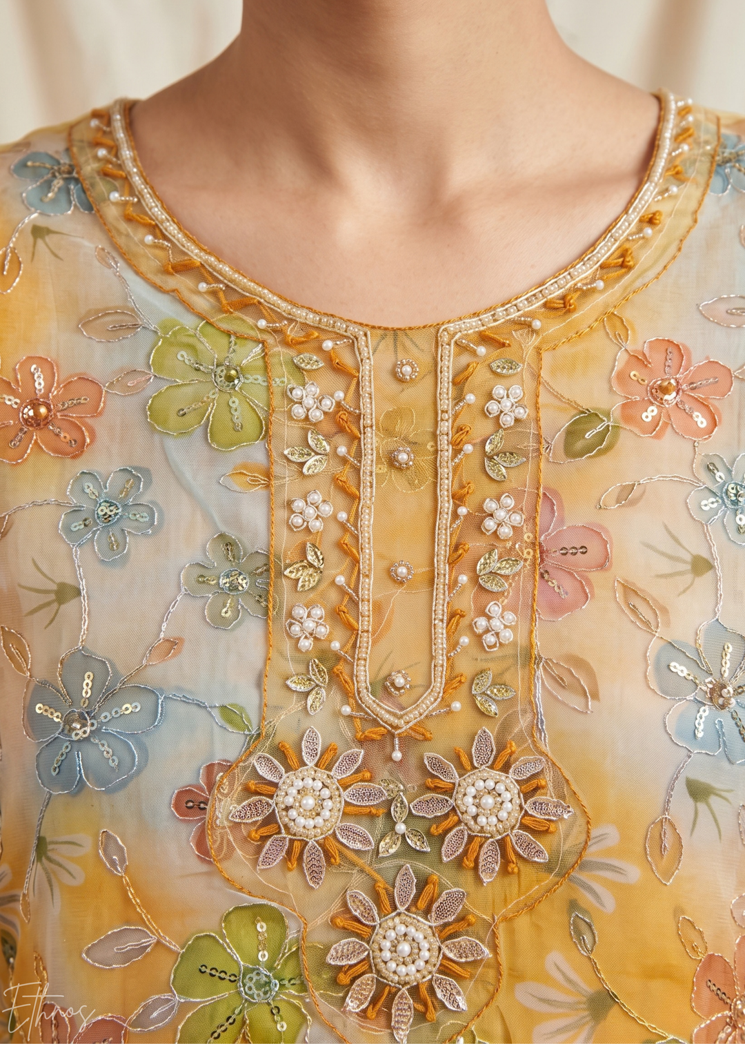 Mustard Yellow Blossom Filigree Organza Pant Suit