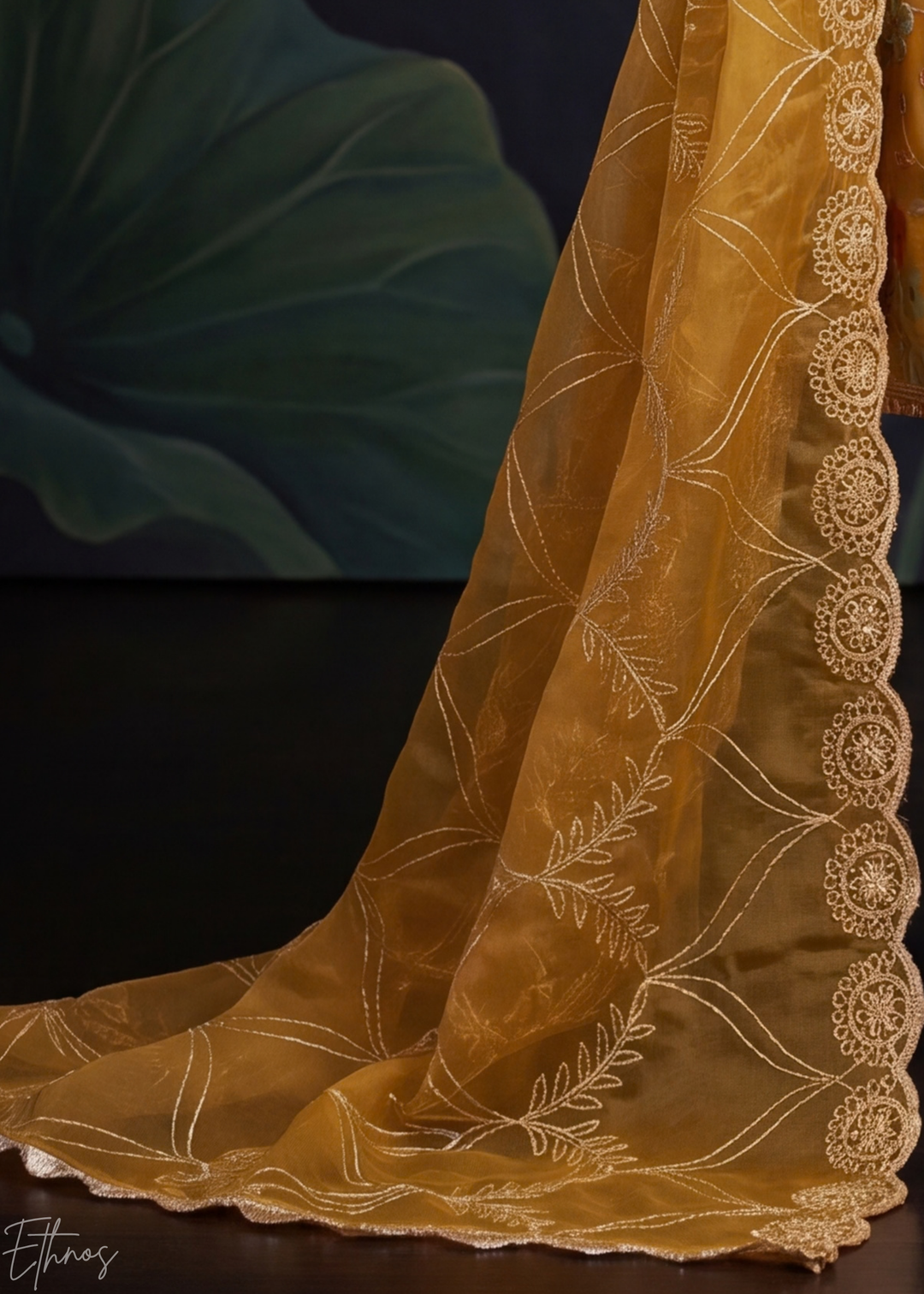 Mustard Yellow Blossom Filigree Organza Pant Suit