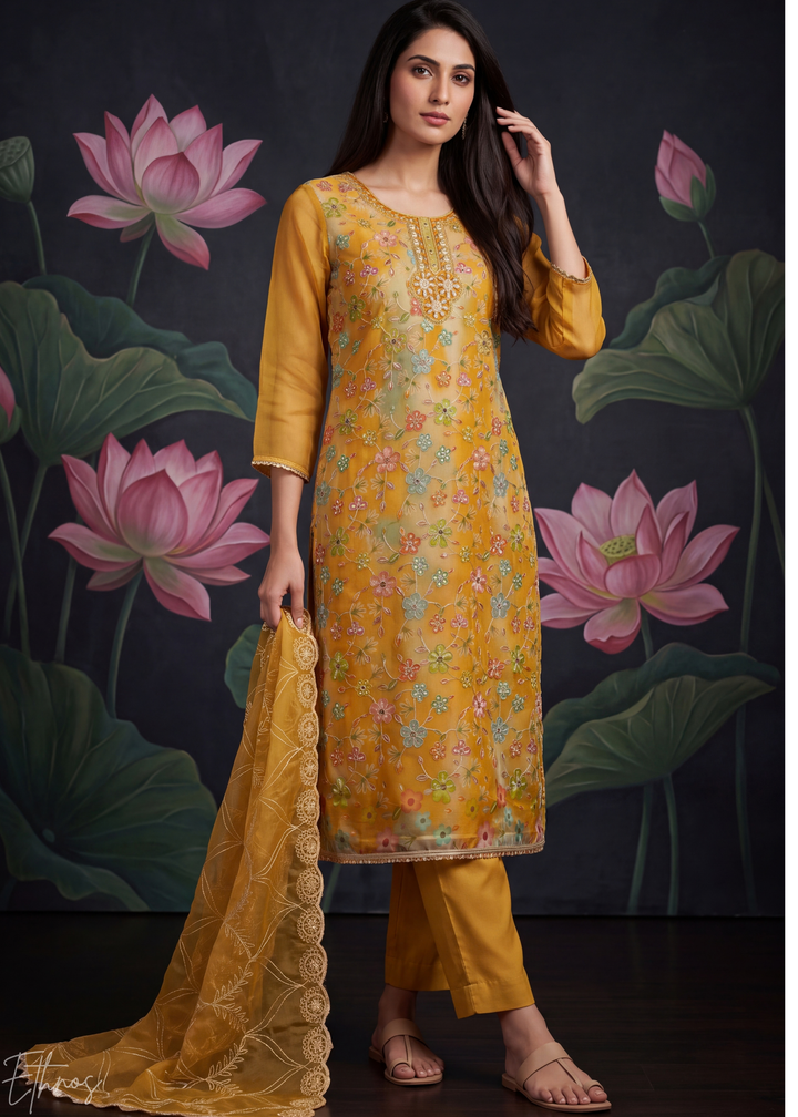 Mustard Yellow Blossom Filigree Organza Pant Suit