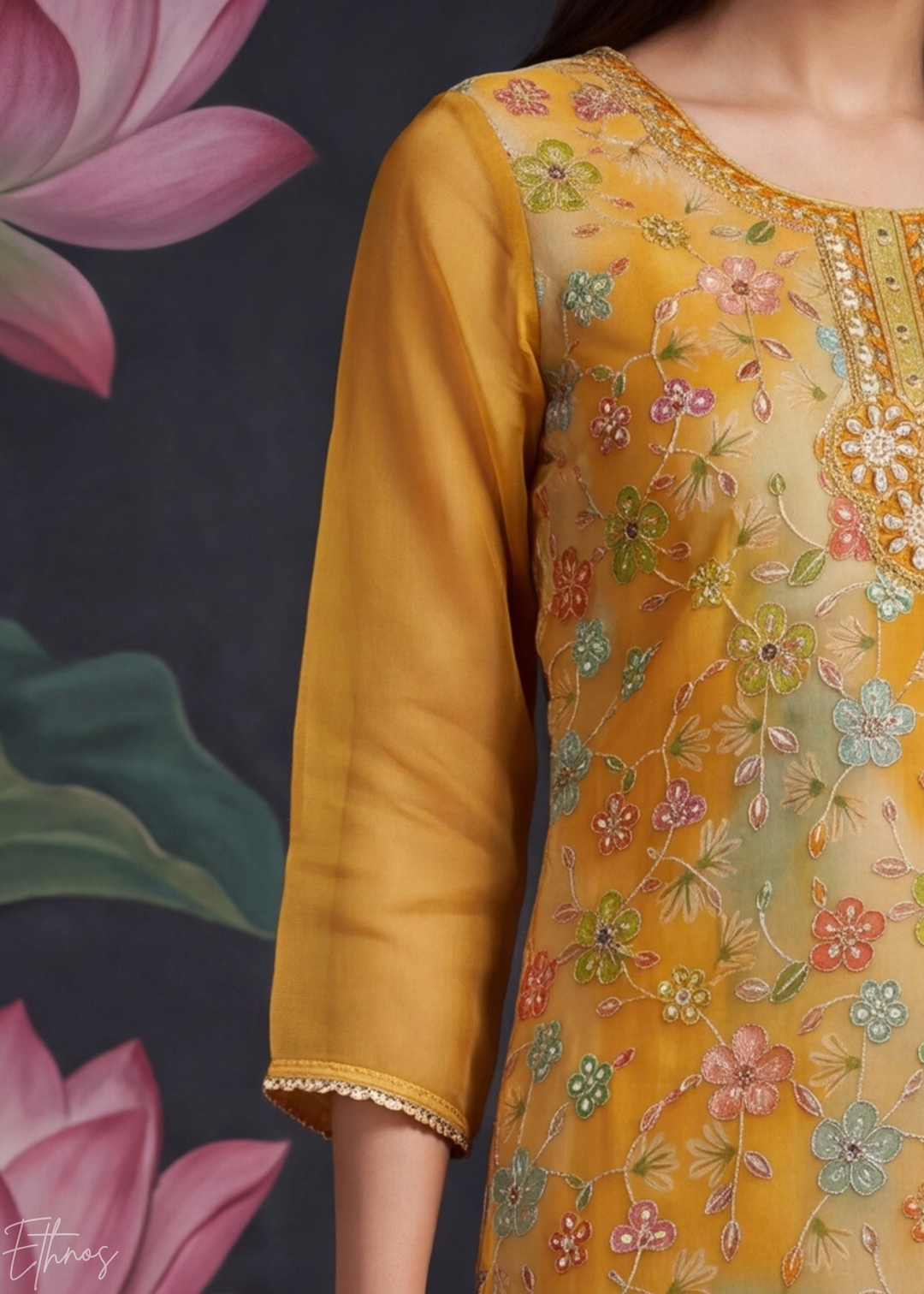 Mustard Yellow Blossom Filigree Organza Pant Suit