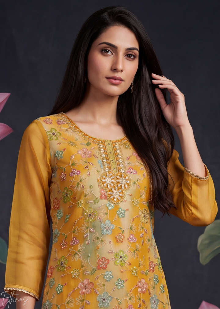 Mustard Yellow Blossom Filigree Organza Pant Suit