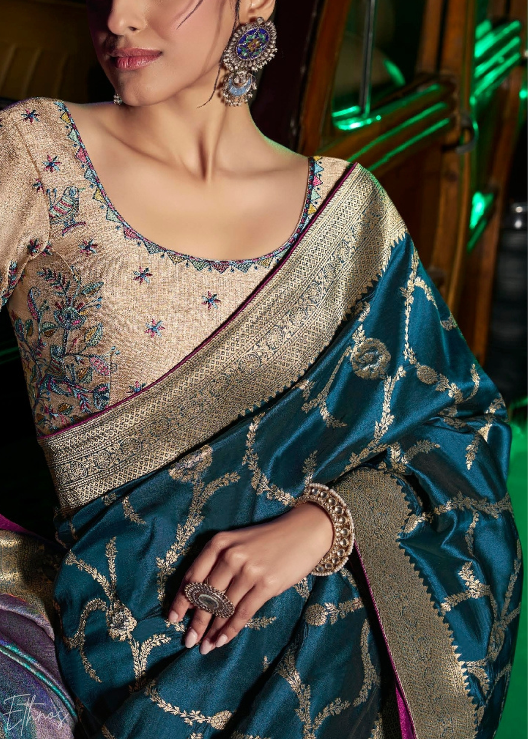Teal Blue Jacquard Wave Silk Saree