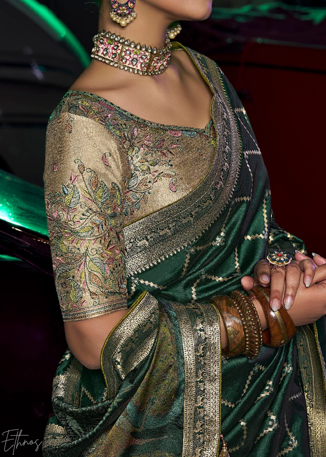 Emerald Green Zigzag Wave Silk Saree