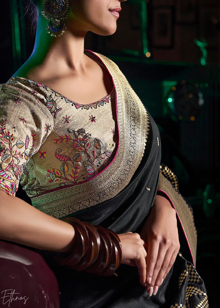 Obsidian Black Chevron Wave Silk Saree