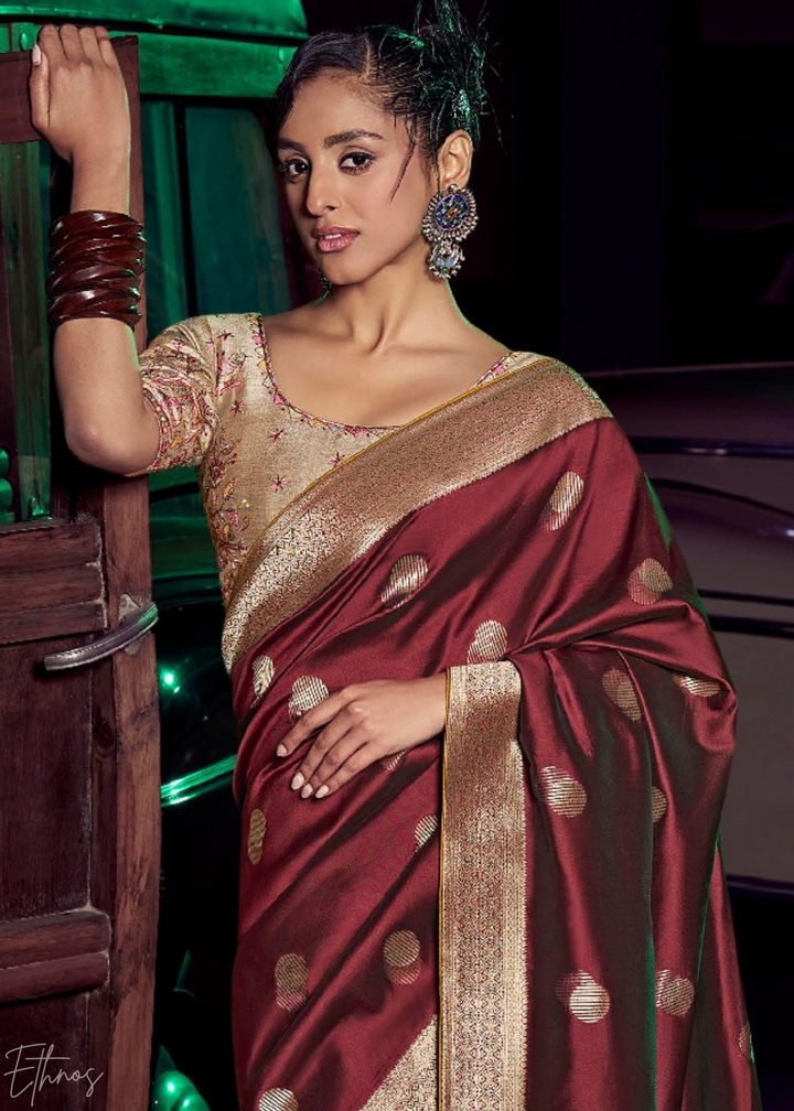 Deep Maroon Floral Wave Silk Saree