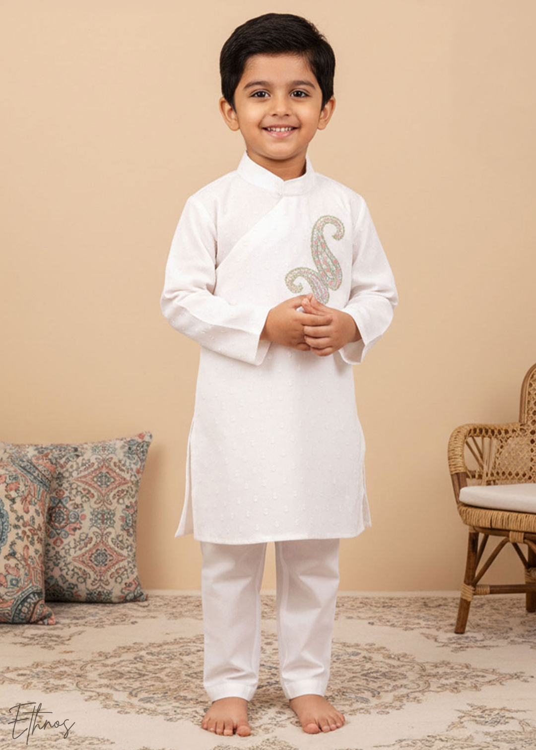 Organic Cotton White Kurta with Pajama - Paisley