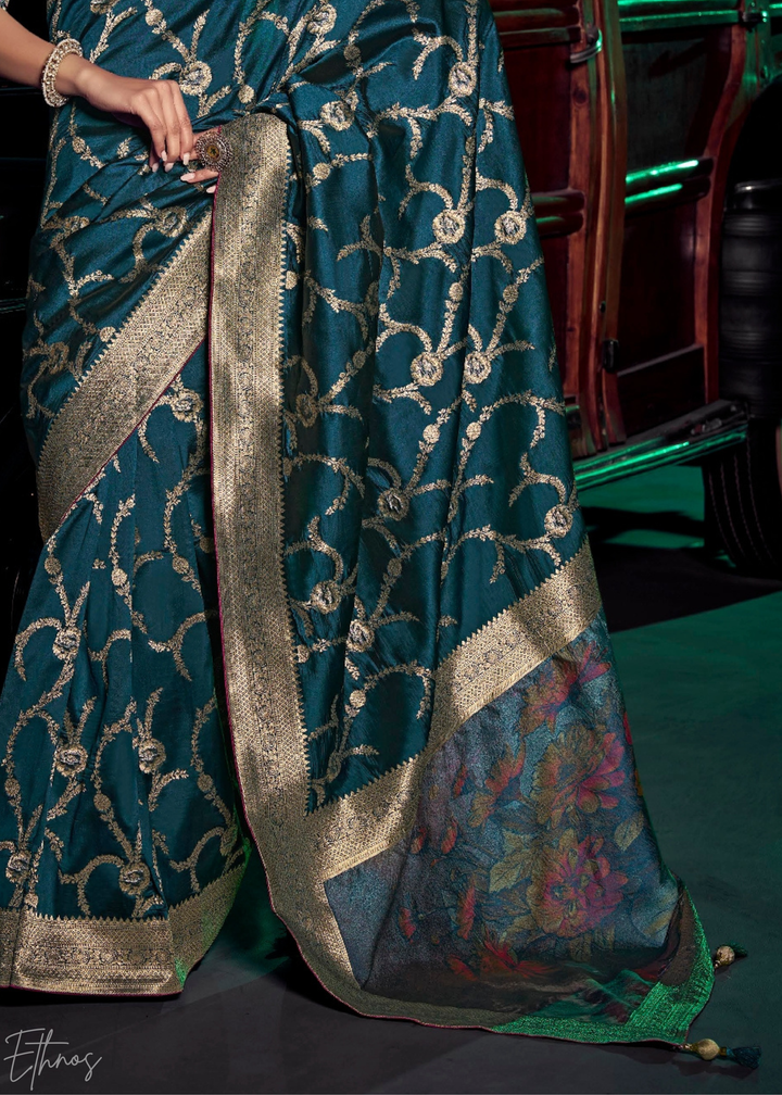 Teal Blue Jacquard Wave Silk Saree