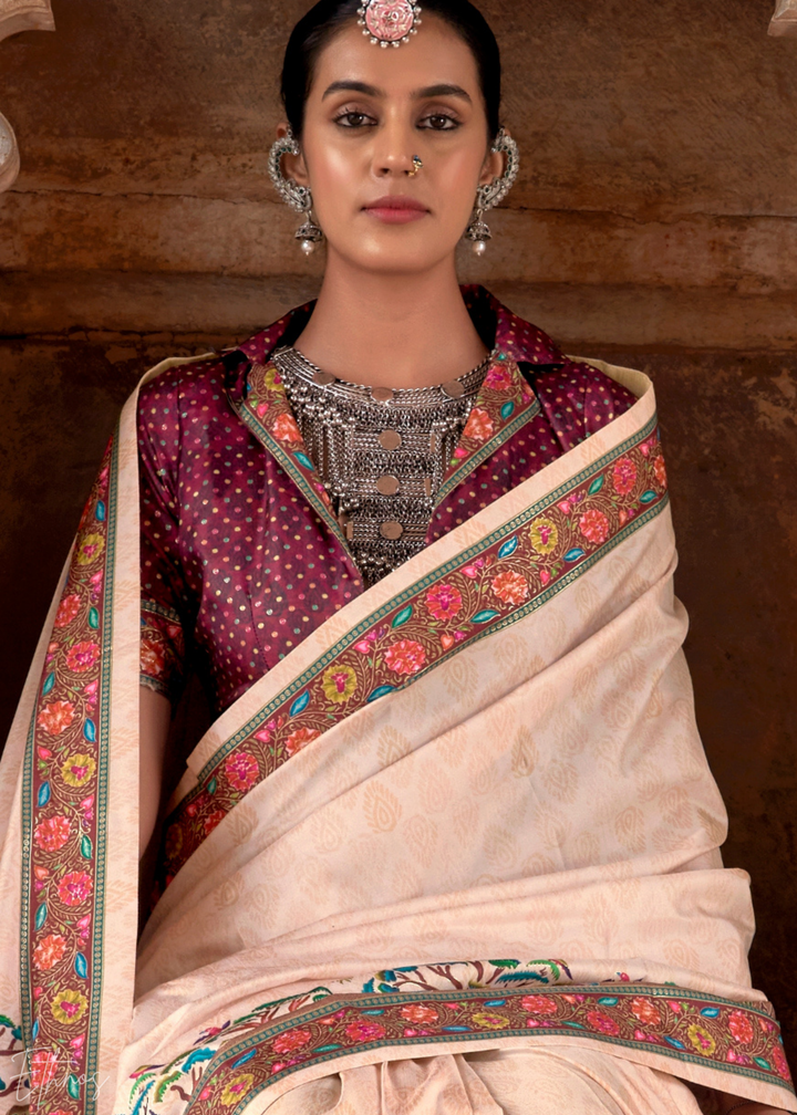 Cream Serene Forest Silk Saree