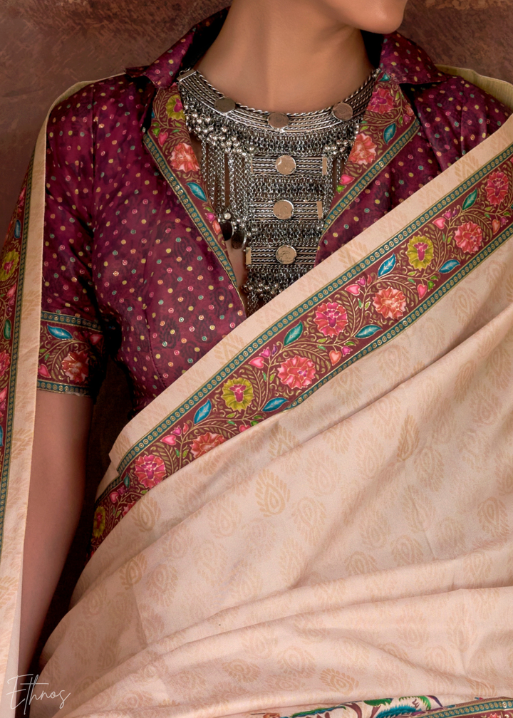 Cream Serene Forest Silk Saree