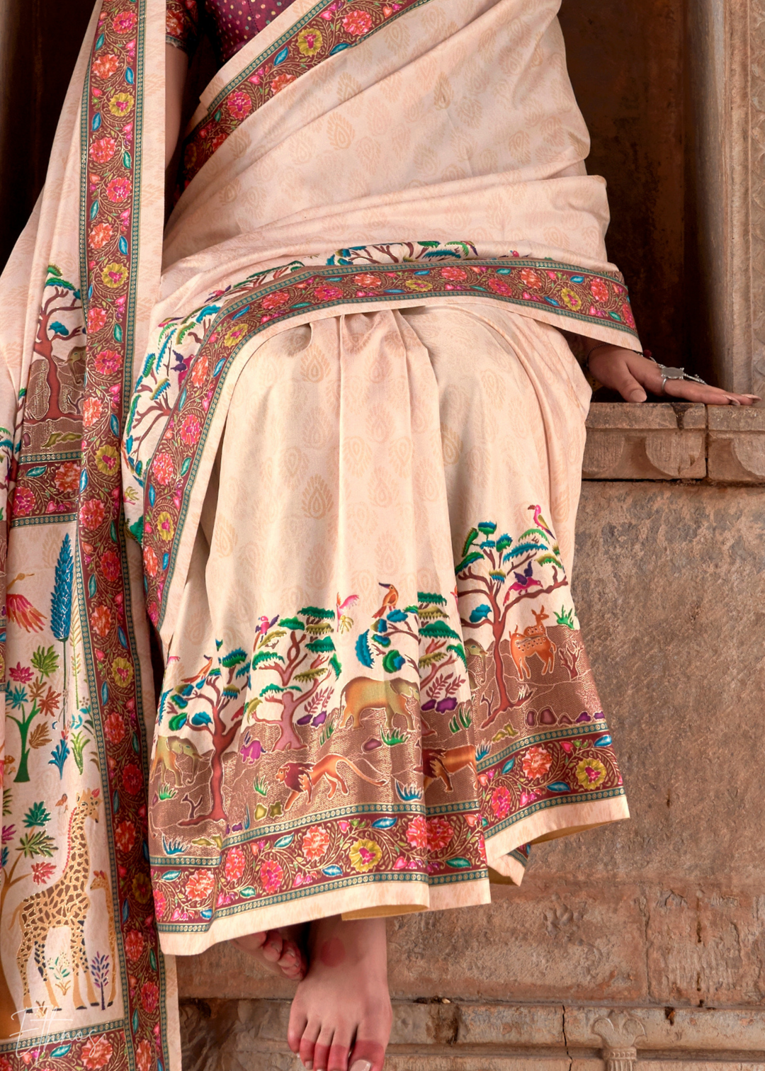 Cream Serene Forest Silk Saree