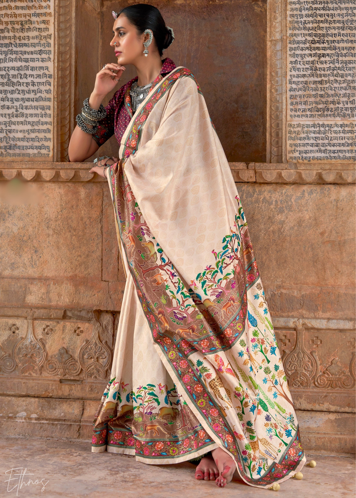 Cream Serene Forest Silk Saree