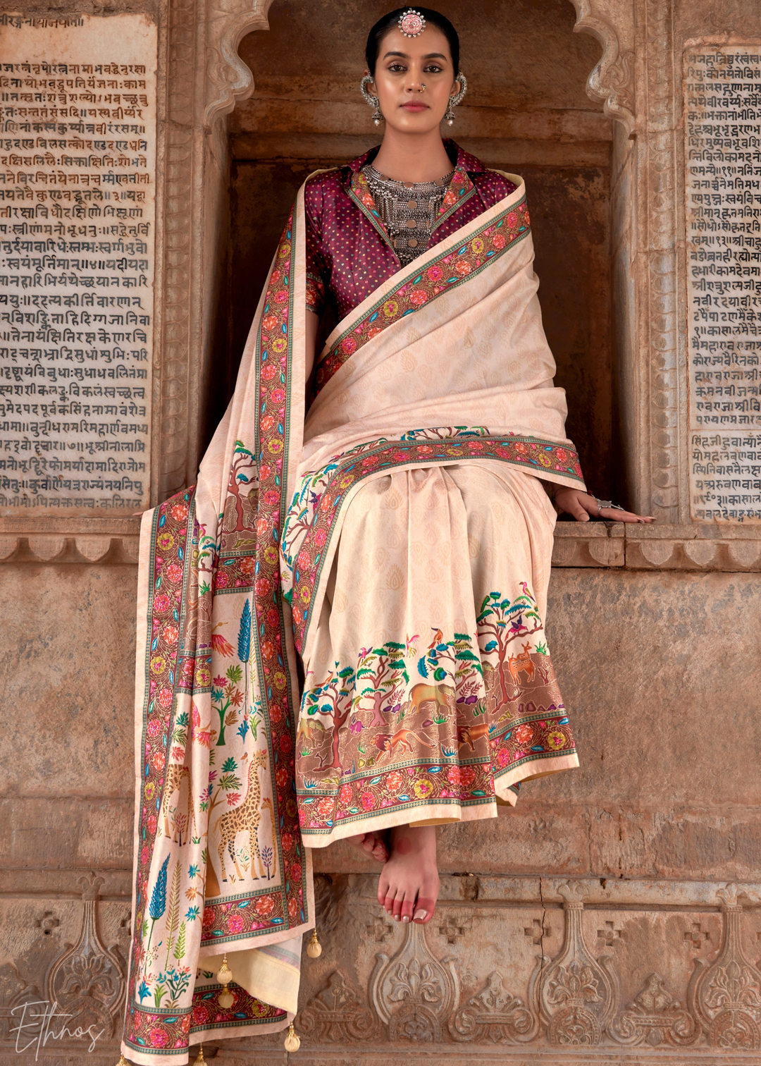 Cream Serene Forest Silk Saree