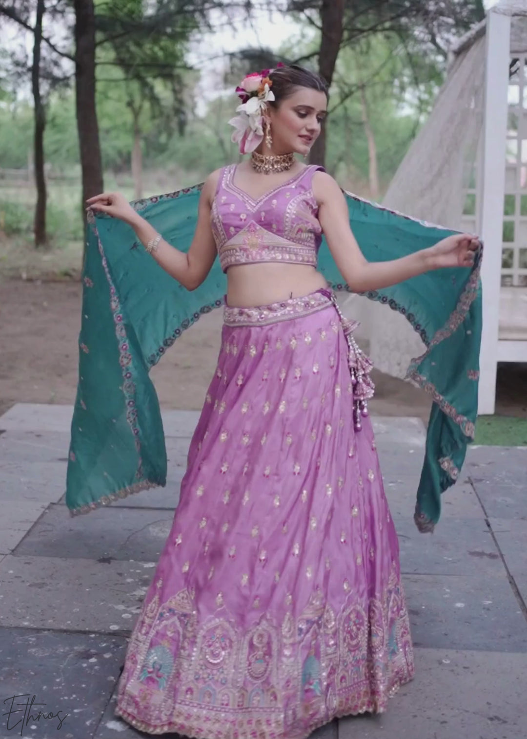 Lavender and Sky Blue Peacock Embroidered Tissue Lehenga Choli