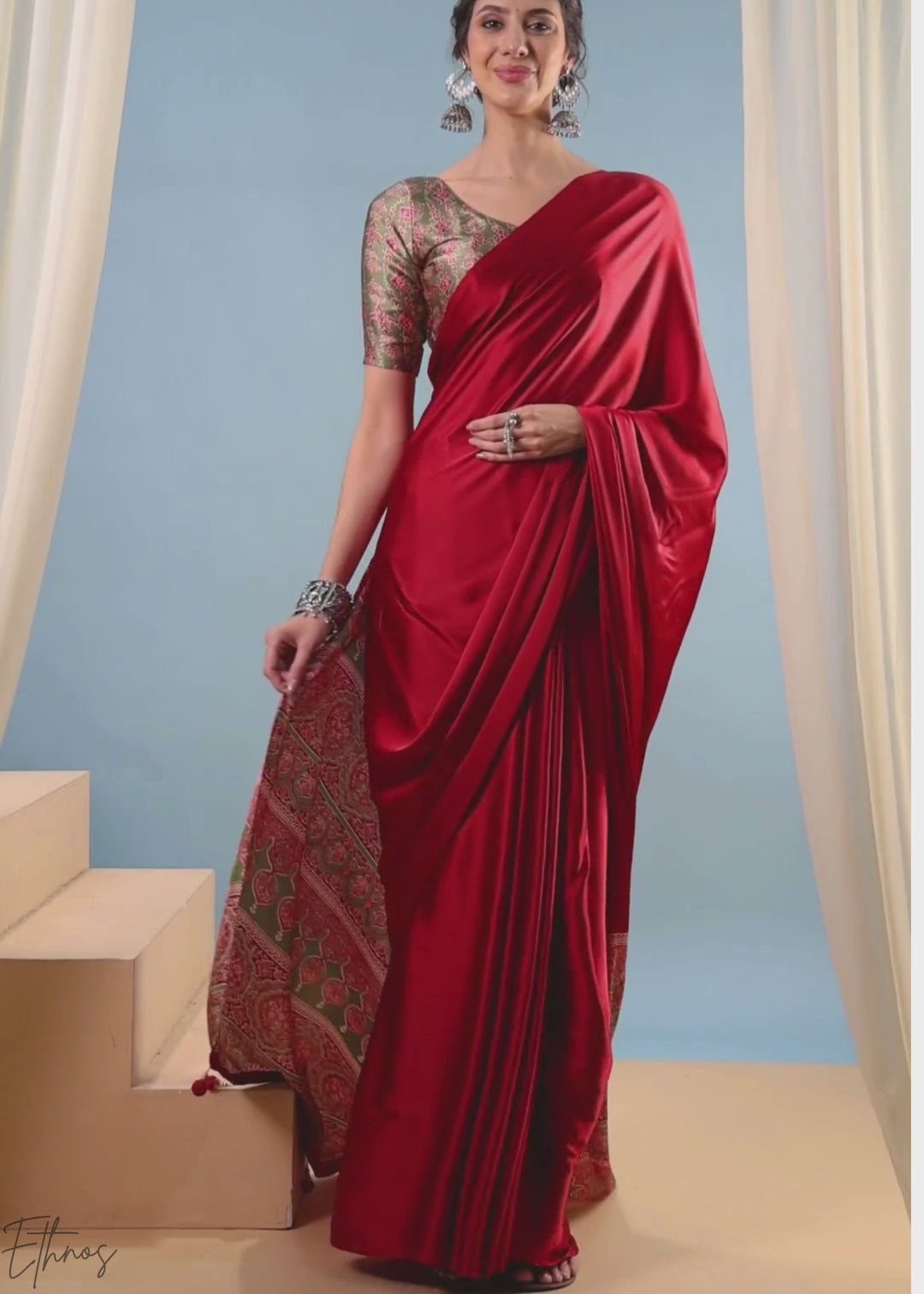 Garnet Red Modal Silk Ajrakh Border Saree