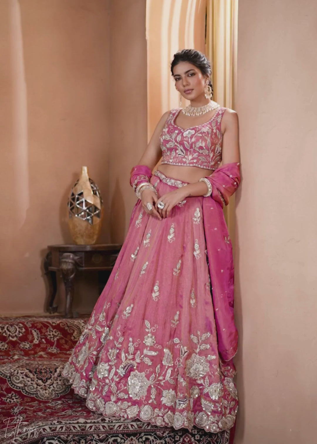 Blossom Pink Floral Zari Embroidered Tissue Lehenga Choli