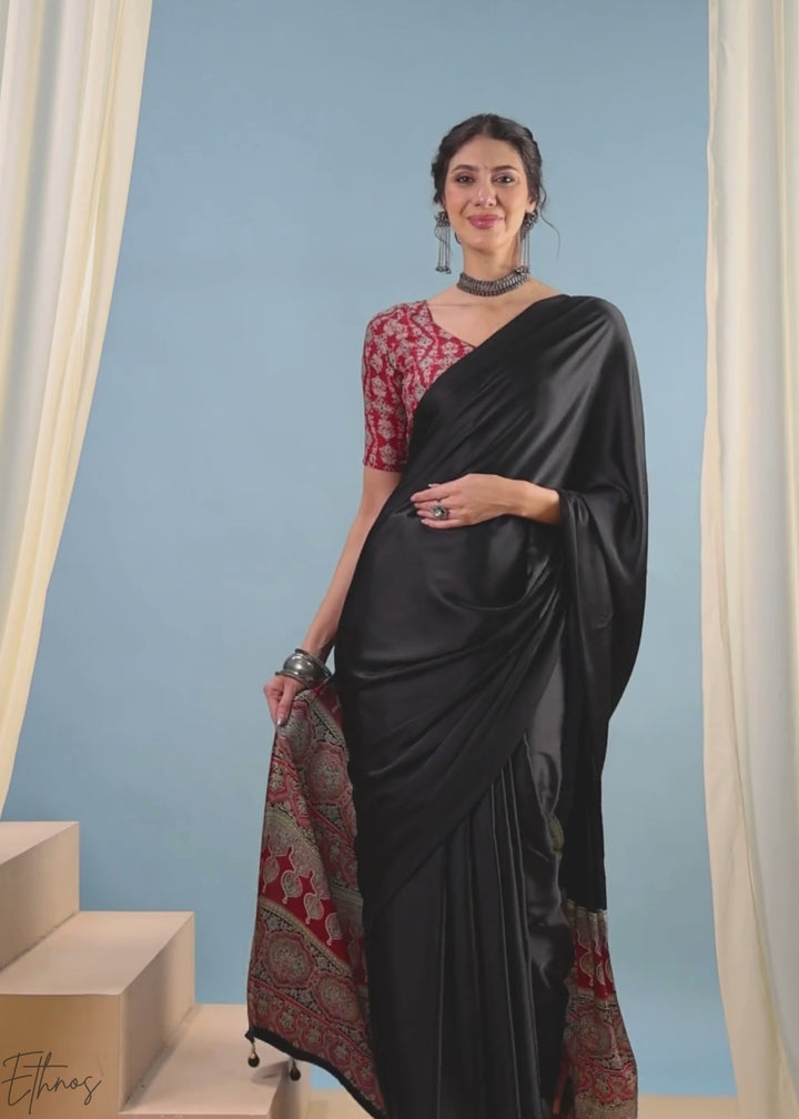 Obsidian Black Modal Silk Ajrakh Border Saree